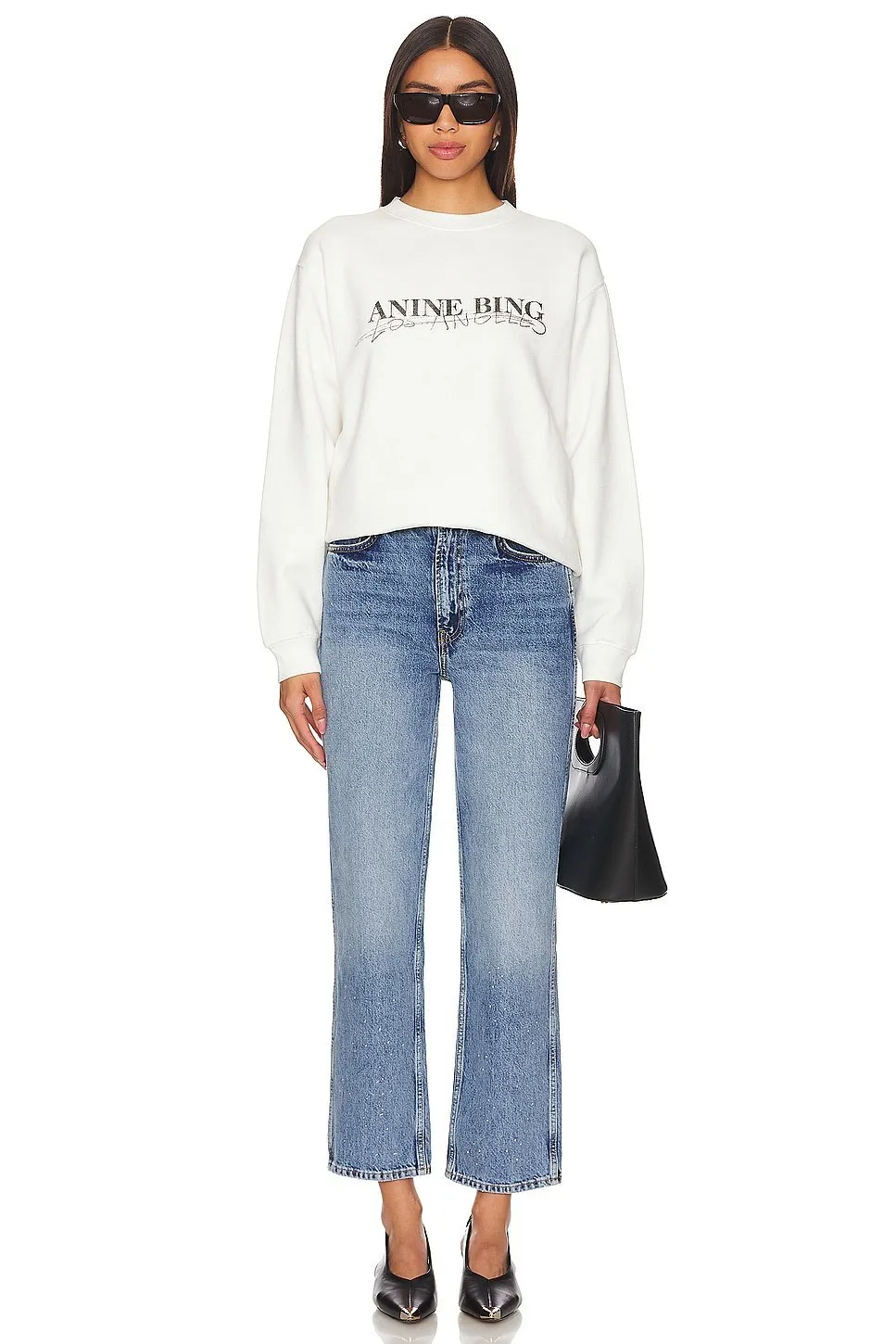 ANINE BING - Crew Neck Long Sleeve Tee in Pure Cotton with Logo