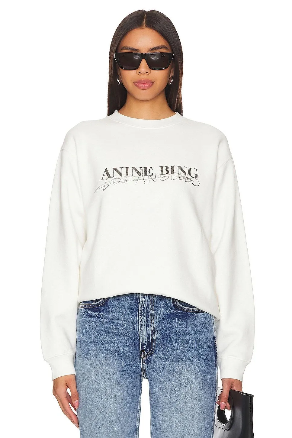 ANINE BING - Crew Neck Long Sleeve Tee in Pure Cotton with Logo