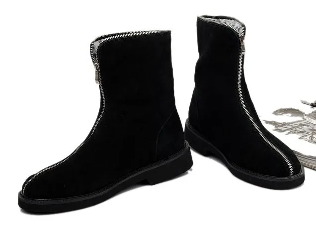 Black Suede Leather Vintage Zipper Round Head Grunge Mens Boots Bootie Shoes