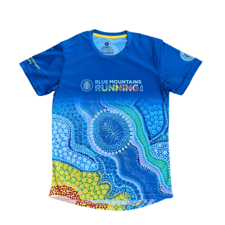 Blue Mountains Running Co Unisex Tee in Dreamtime Design.