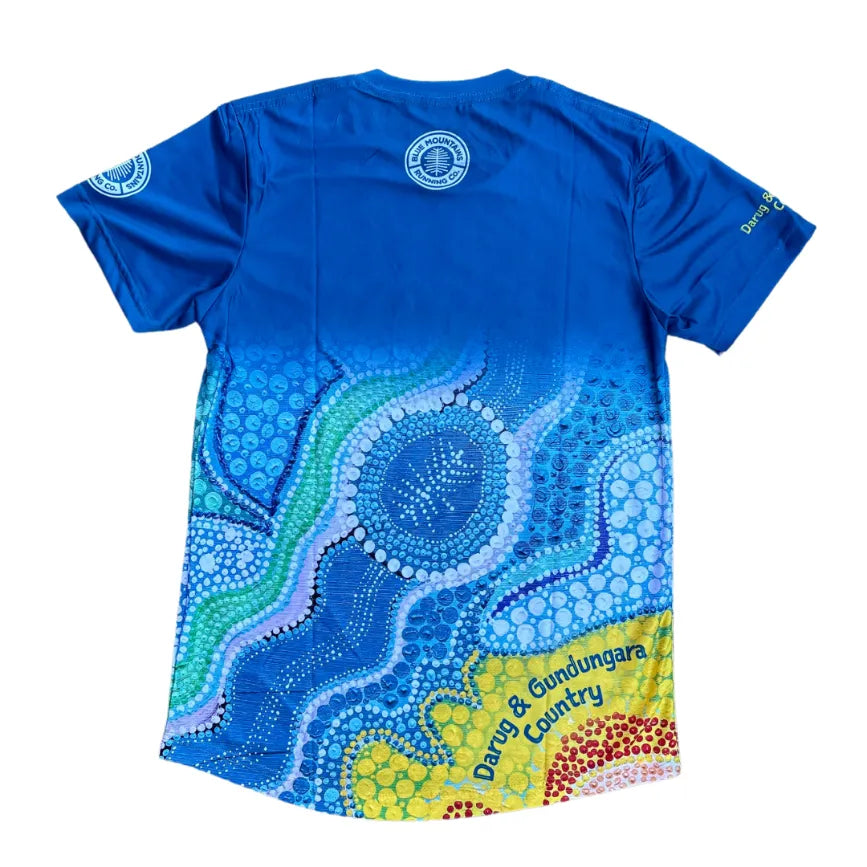 Blue Mountains Running Co Unisex Tee in Dreamtime Design.