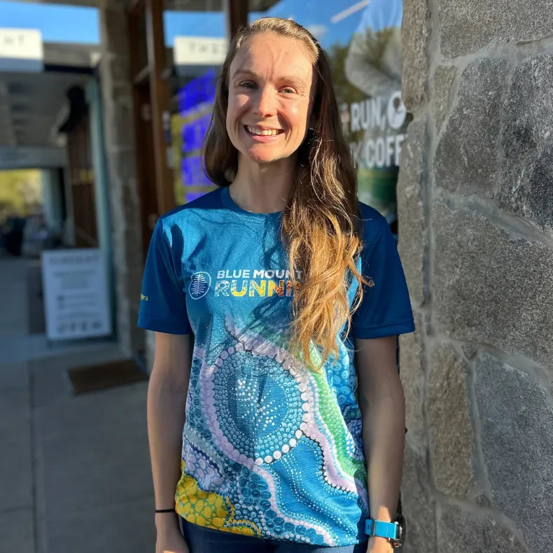 Blue Mountains Running Co Unisex Tee in Dreamtime Design.