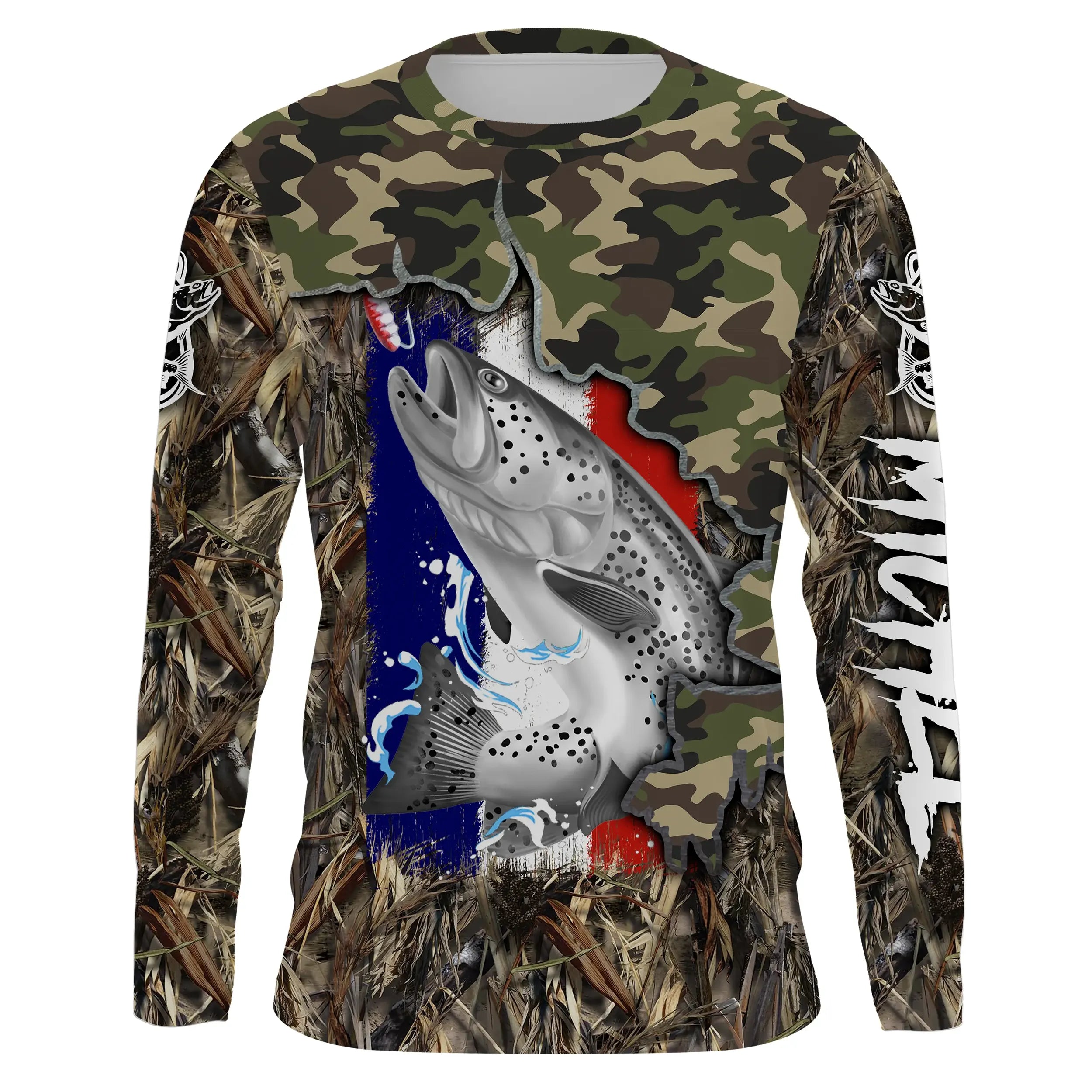 Camo Fishing T-Shirt with Trout - Comfort Style featuring French Flag - CT19072212