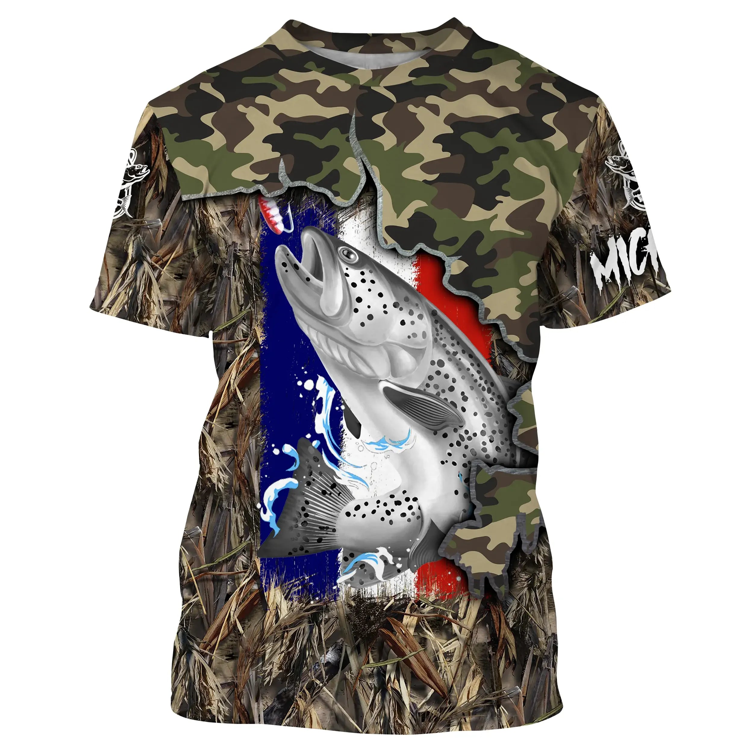 Camo Fishing T-Shirt with Trout - Comfort Style featuring French Flag - CT19072212