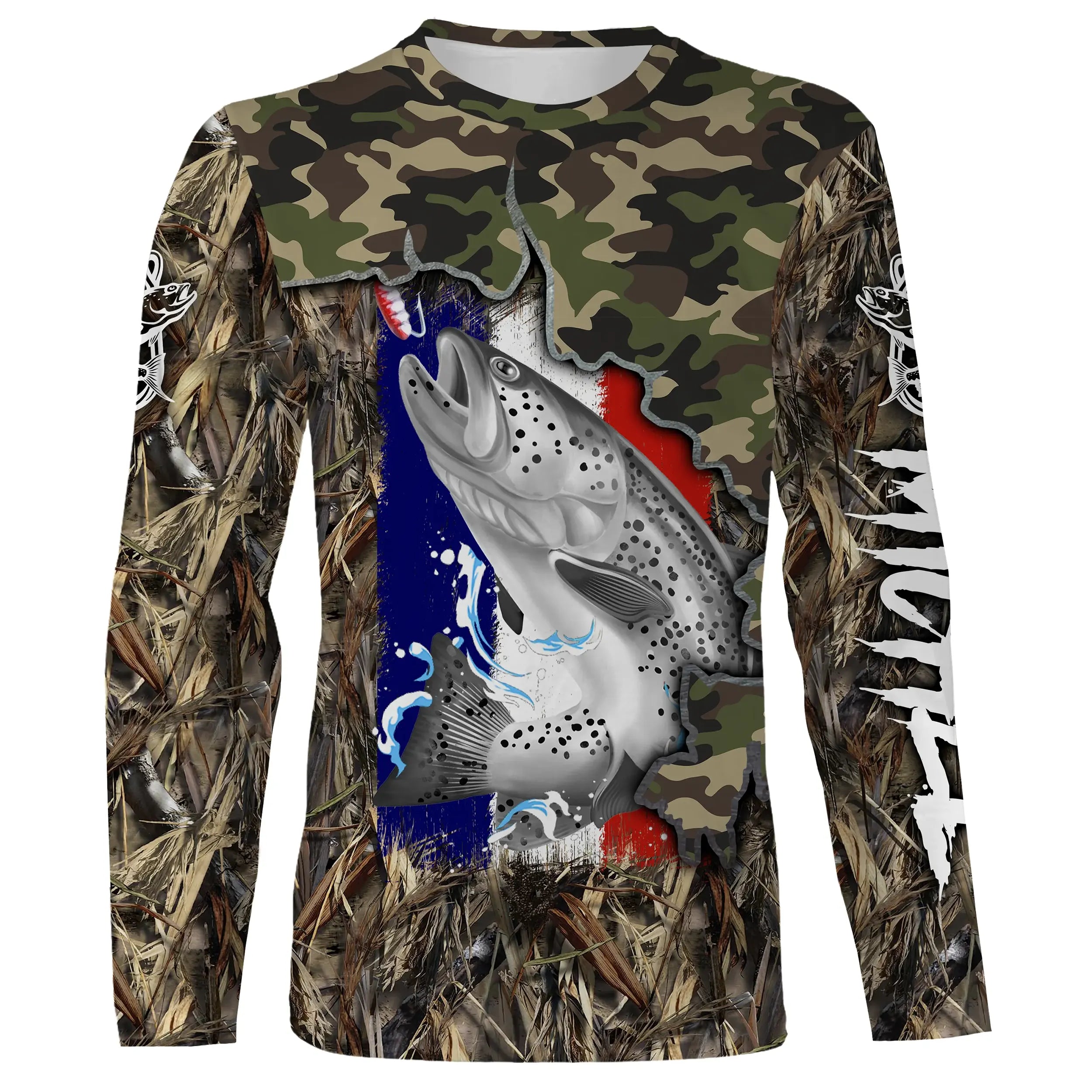 Camo Fishing T-Shirt with Trout - Comfort Style featuring French Flag - CT19072212