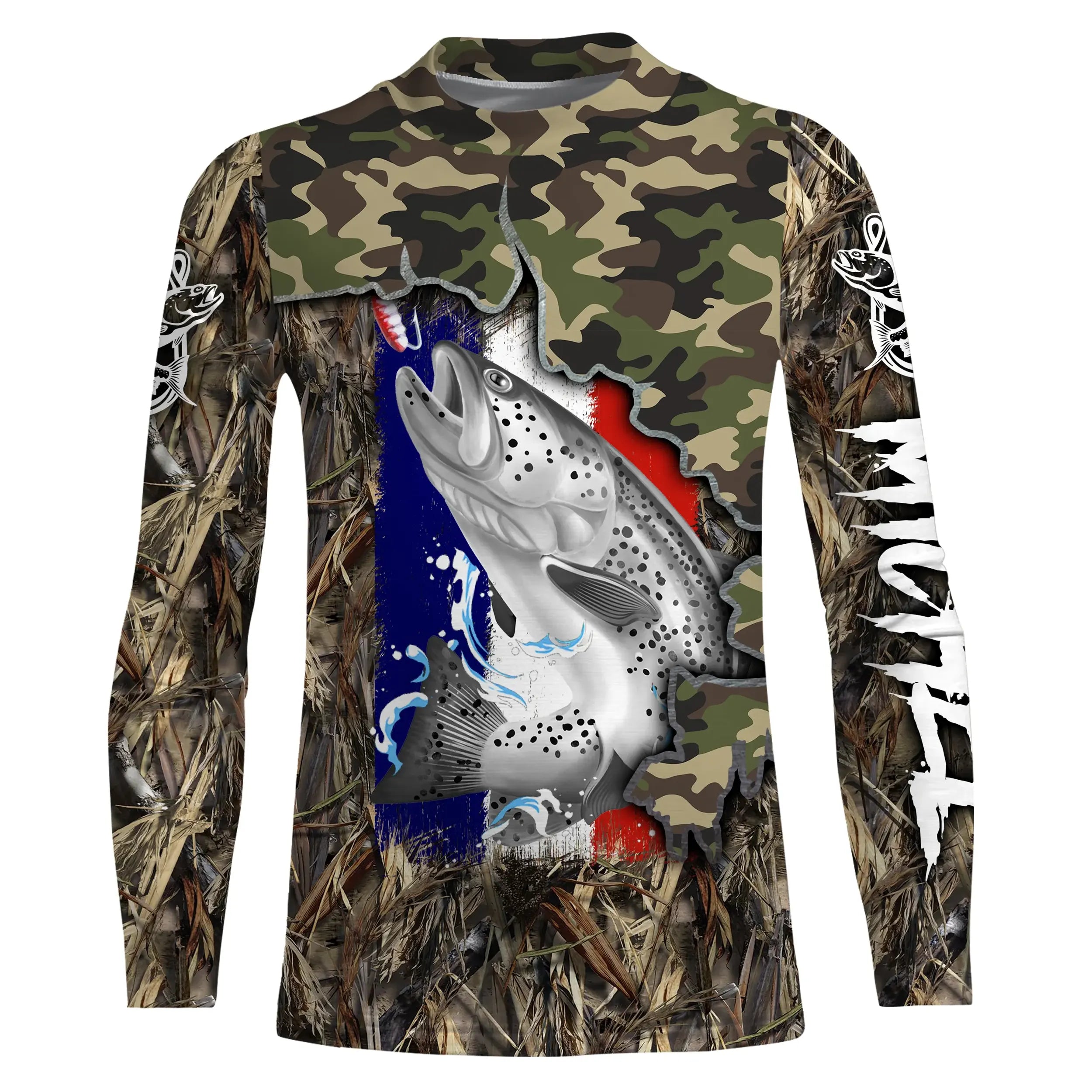 Camo Fishing T-Shirt with Trout - Comfort Style featuring French Flag - CT19072212