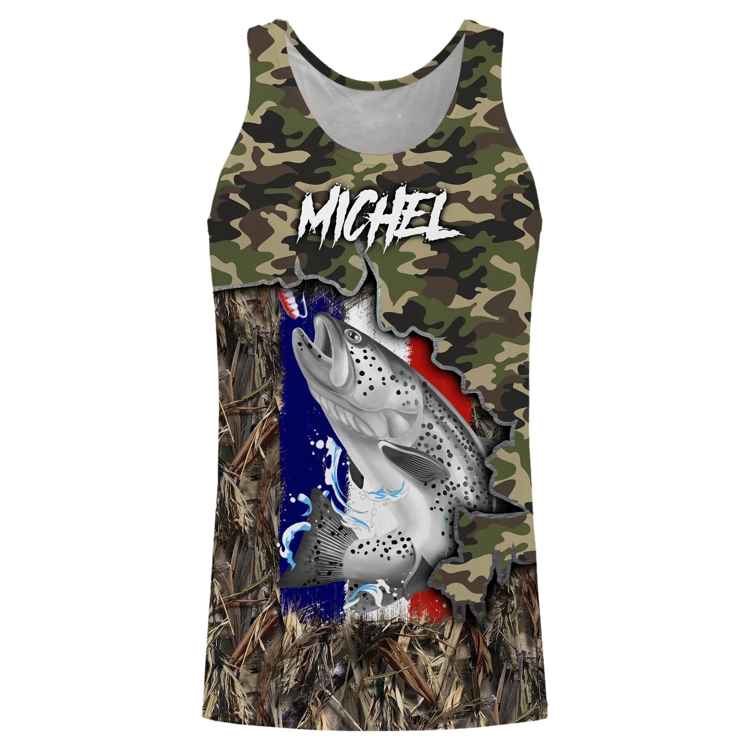 Camo Fishing T-Shirt with Trout - Comfort Style featuring French Flag - CT19072212