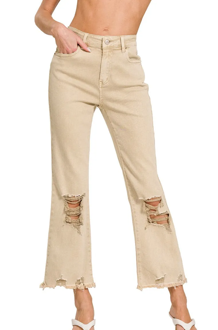 High Waist Destroyed Acid Wash Pants in Sand - Shop now!