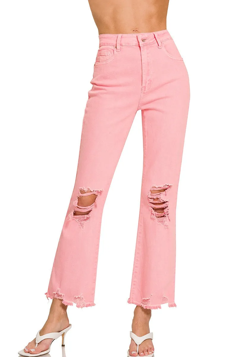 high waist destroyed acid wash pink pants