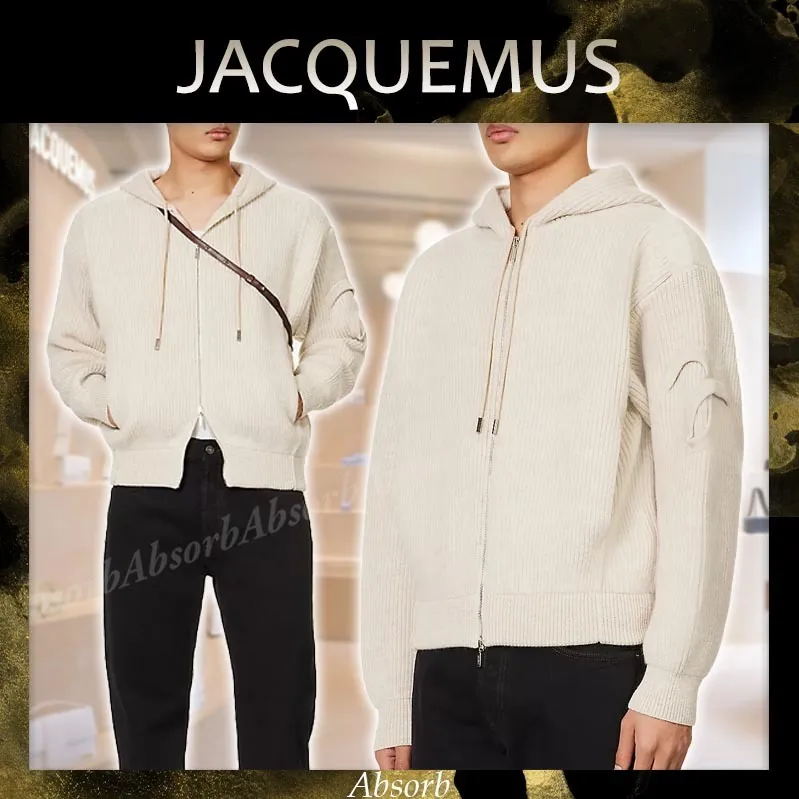 JACQUEMUS Wool Long Sleeves Plain Logo Hoodies - Street Style