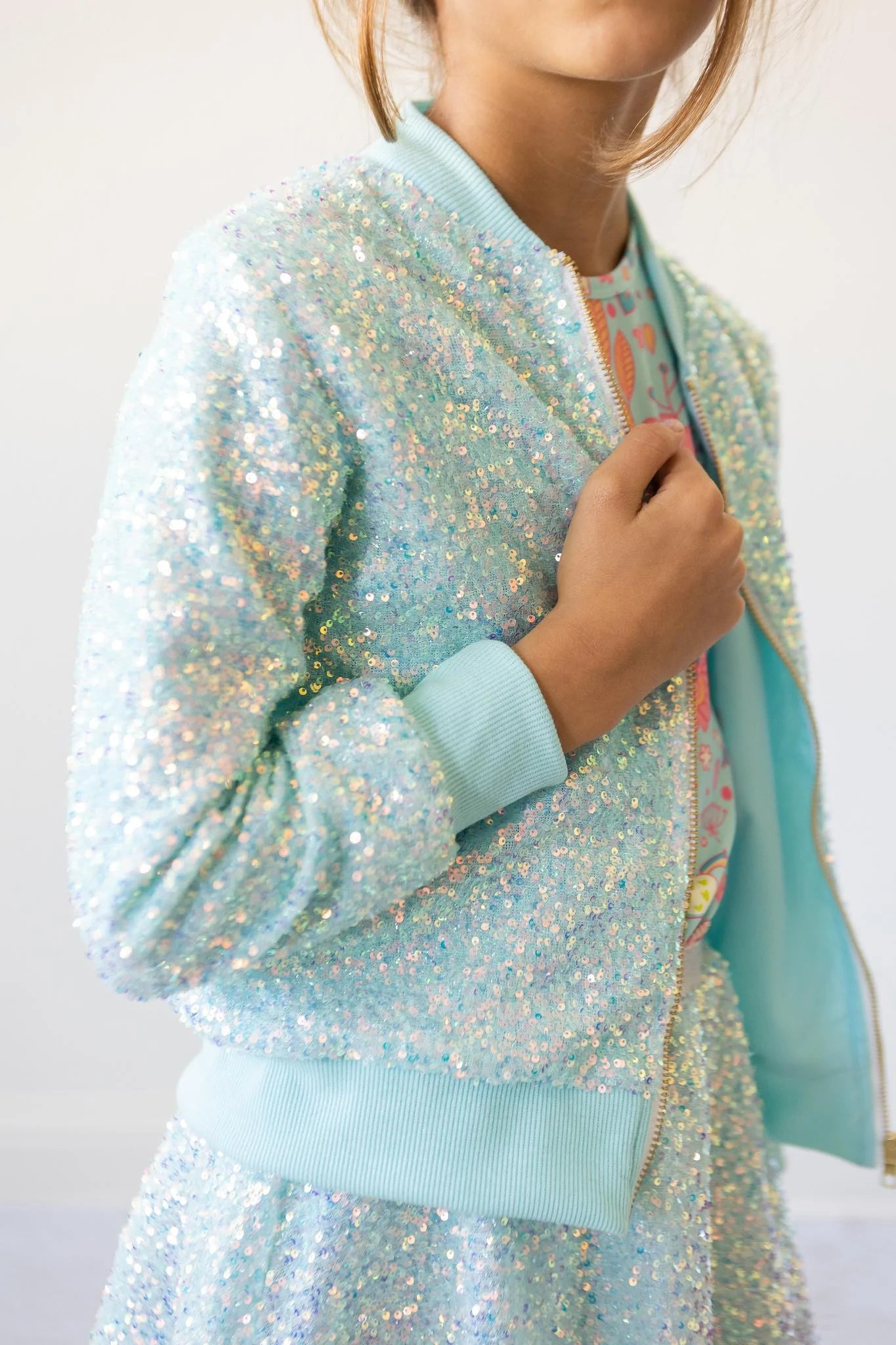 Mila + Rose Girls Bomber Jacket in Aqua - Sassy Sequin Design