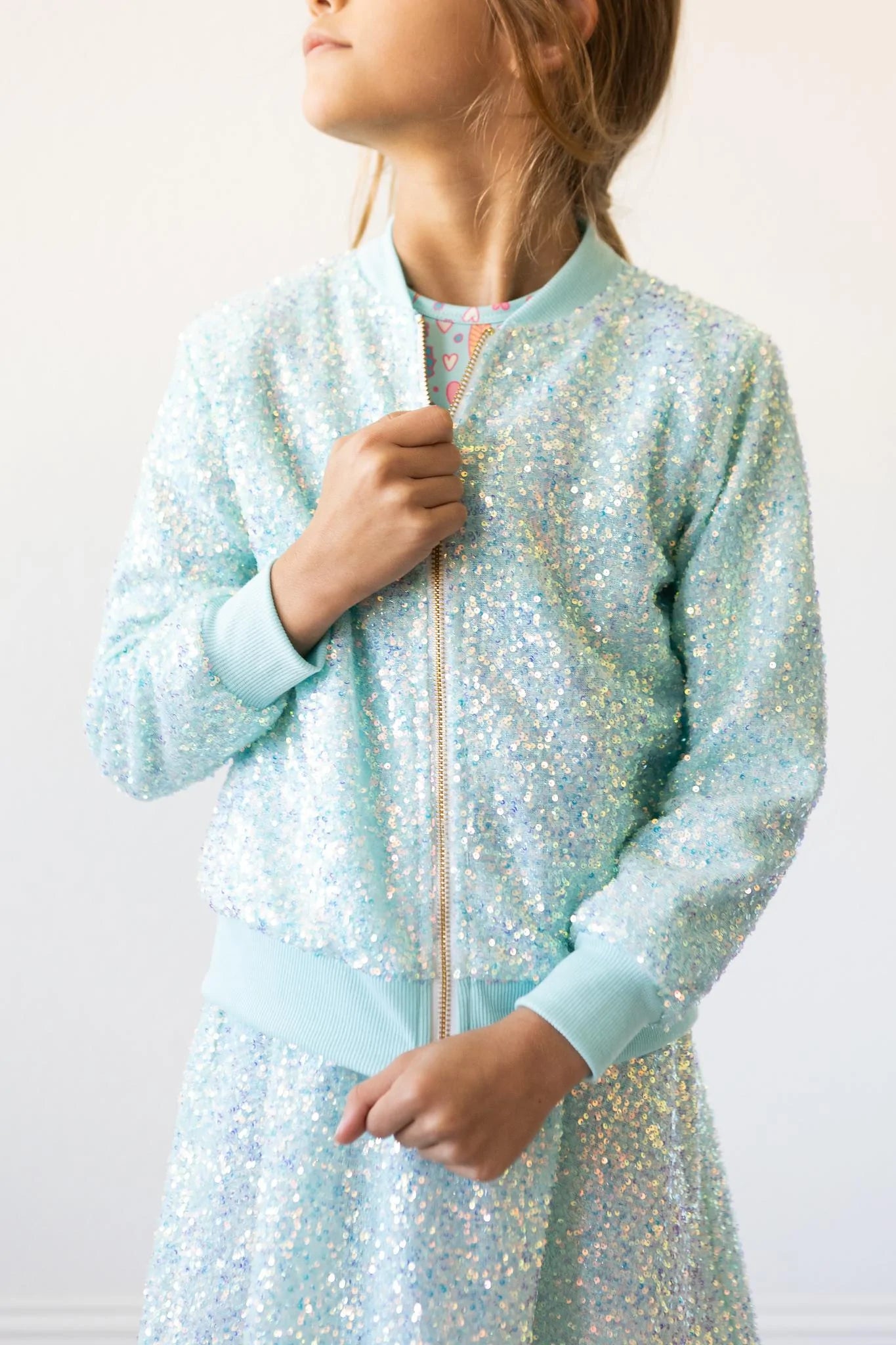 Mila + Rose Girls Bomber Jacket in Aqua - Sassy Sequin Design