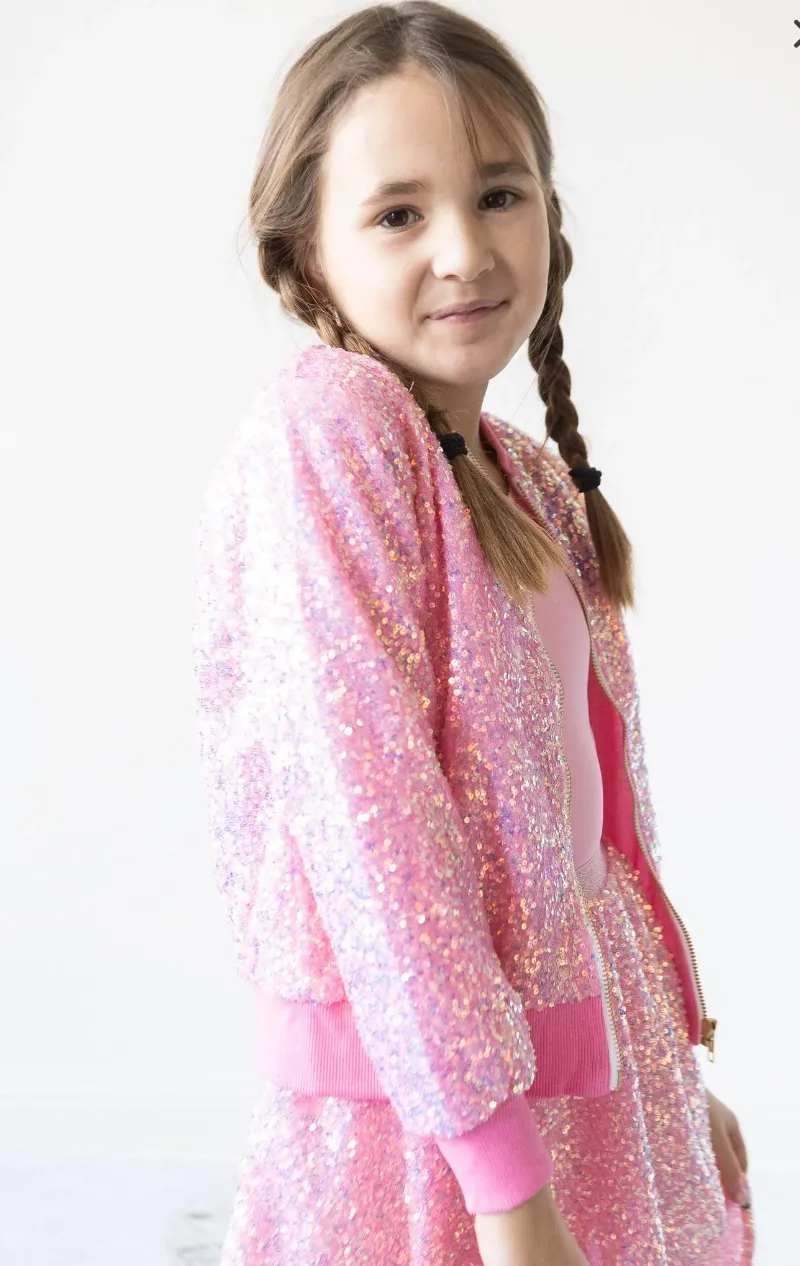 Mila and Rose Sassy Sequin Girls Bomber Jacket in Bubblegum