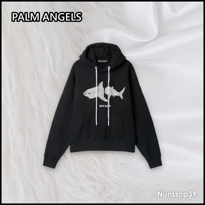 Palm Angels Long Sleeves Logo Hoodies - Street Style, Plain Cotton