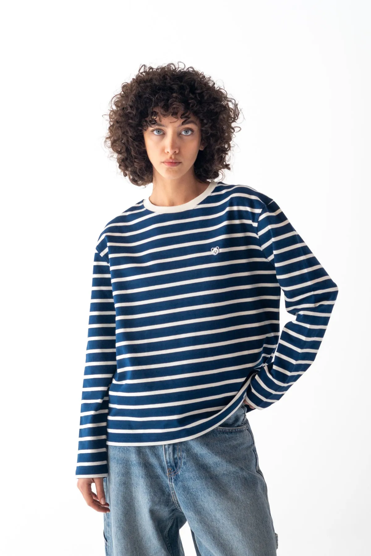 Panda Supreme T-Shirt with Striped Long Sleeves - Navy/Cream