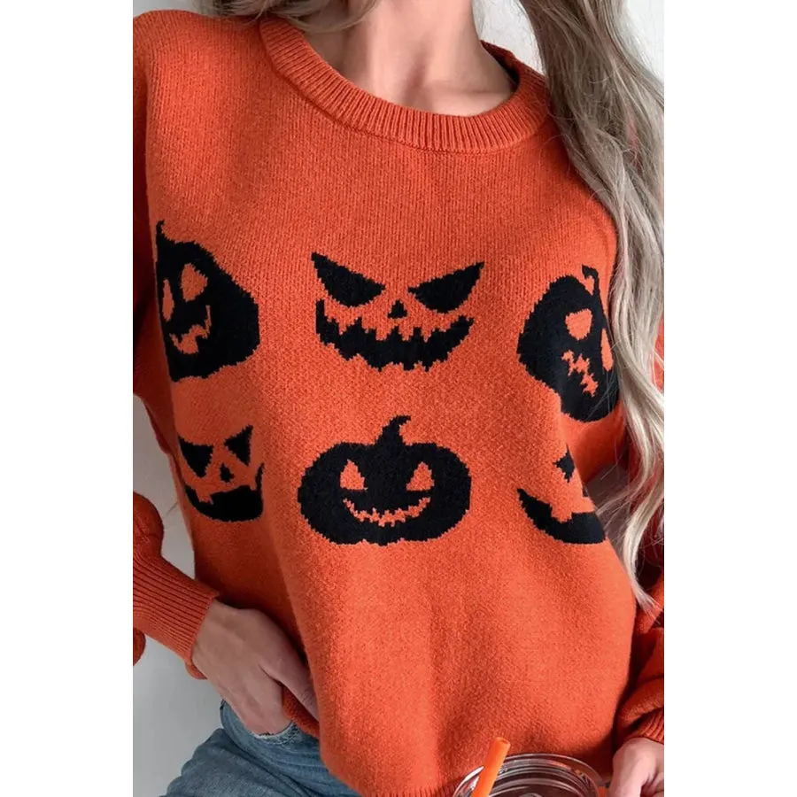 Pumpkin Pattern Round Neck Sweater