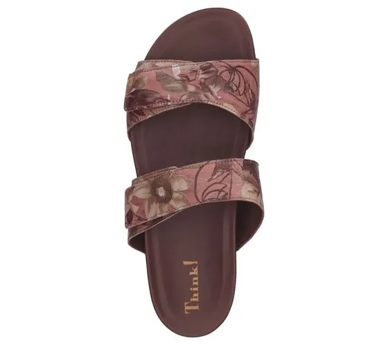 Think! Women's mules, real leather sandals with all-over flower print, summer shoes 3-000581-9000 brown