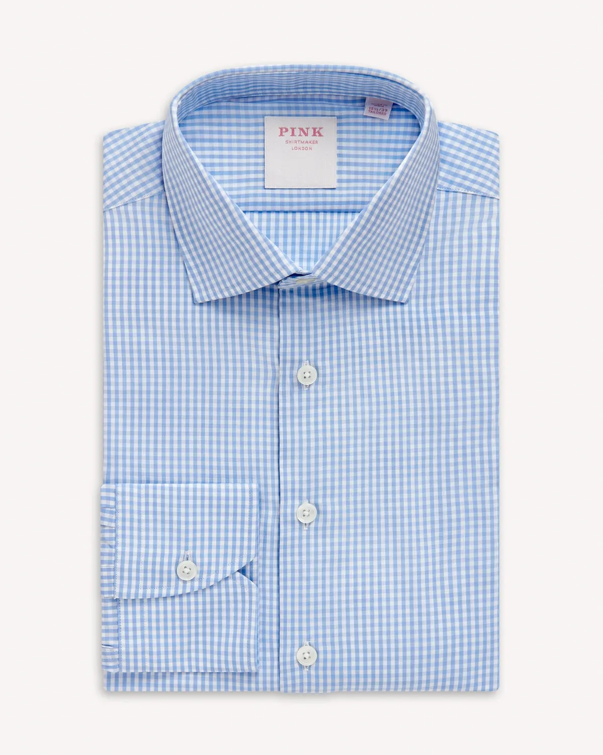 Thomas Pink Small Gingham Check Shirt Light Blue White.