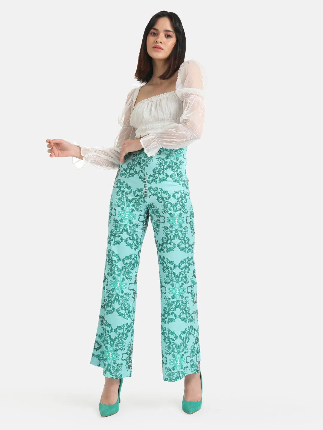 Wide-leg printed trousers.