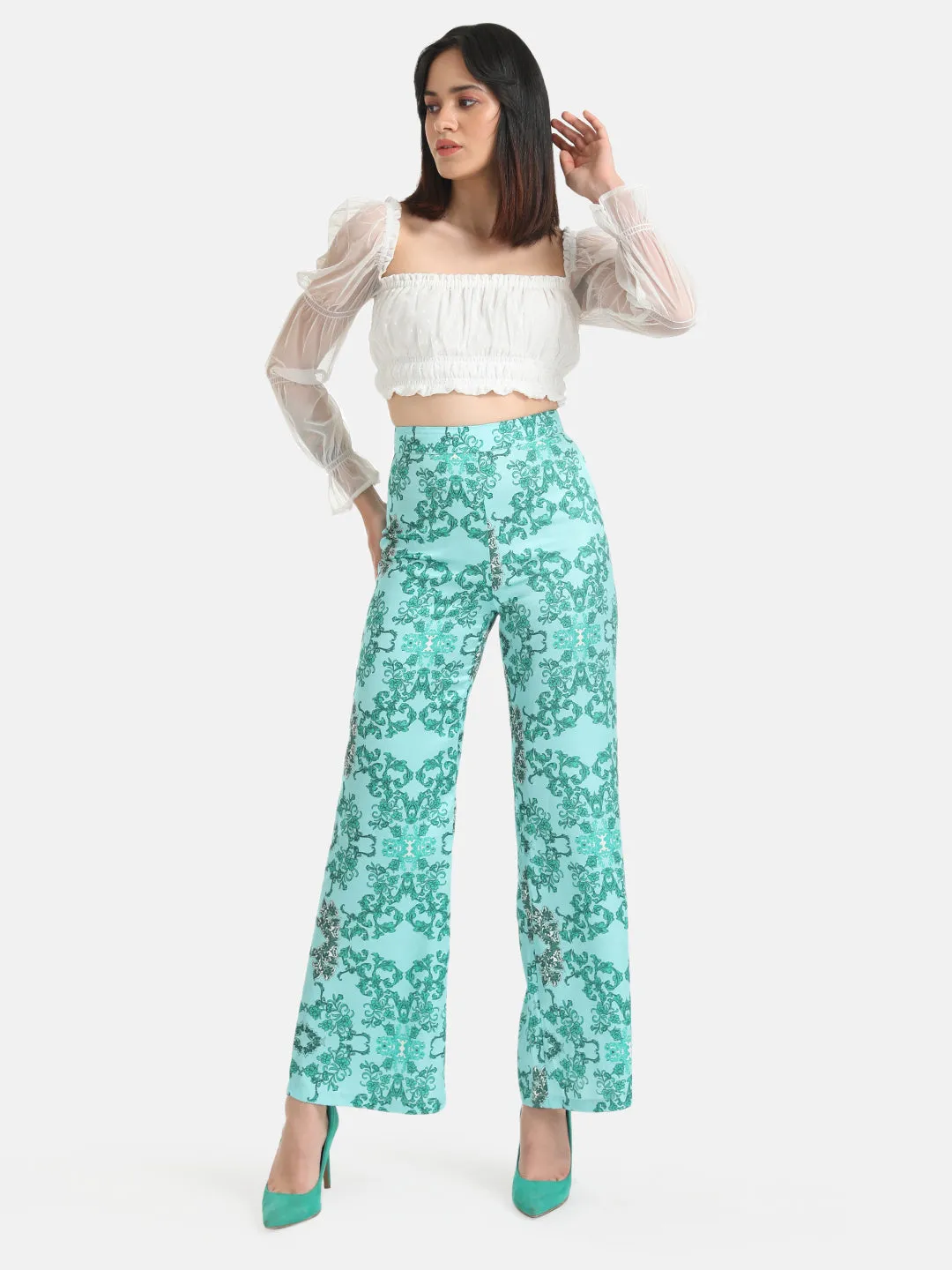 Wide-leg printed trousers.