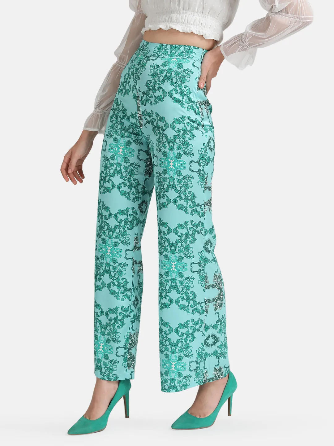 Wide-leg printed trousers.