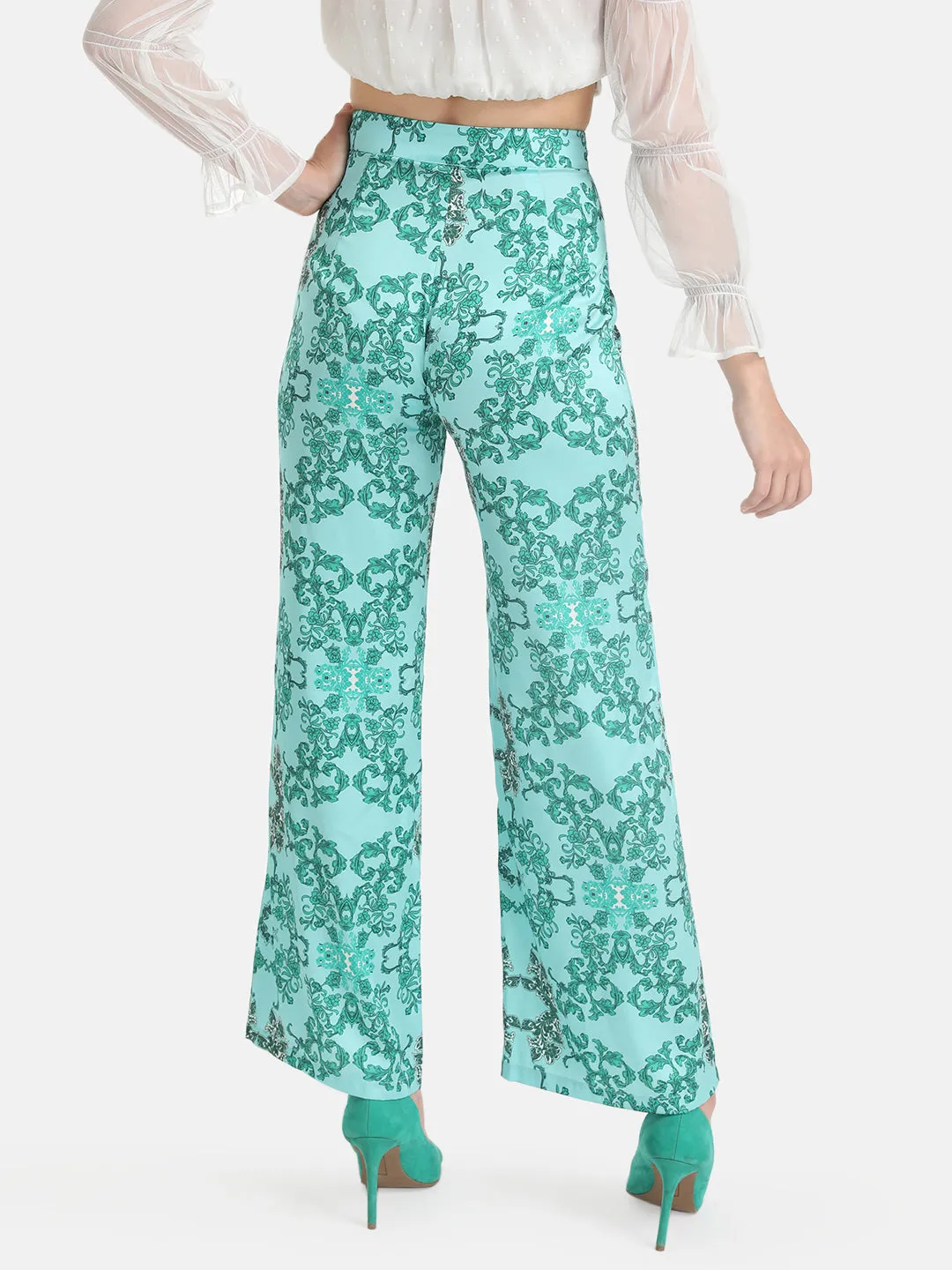 Wide-leg printed trousers.