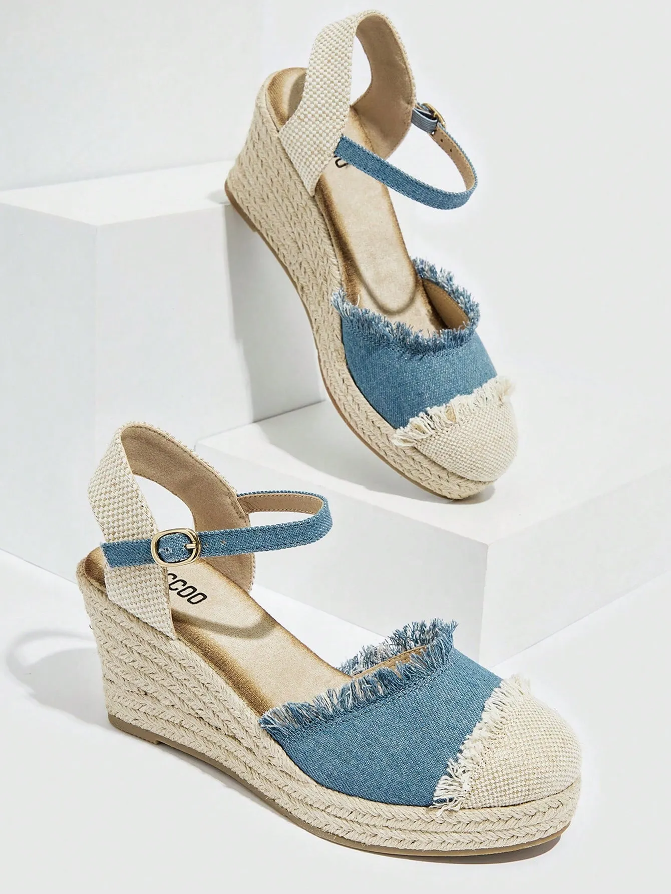 Women Raw Trim Ankle Strap Court Wedges, Vacation Canvas Shoes - Buy Online