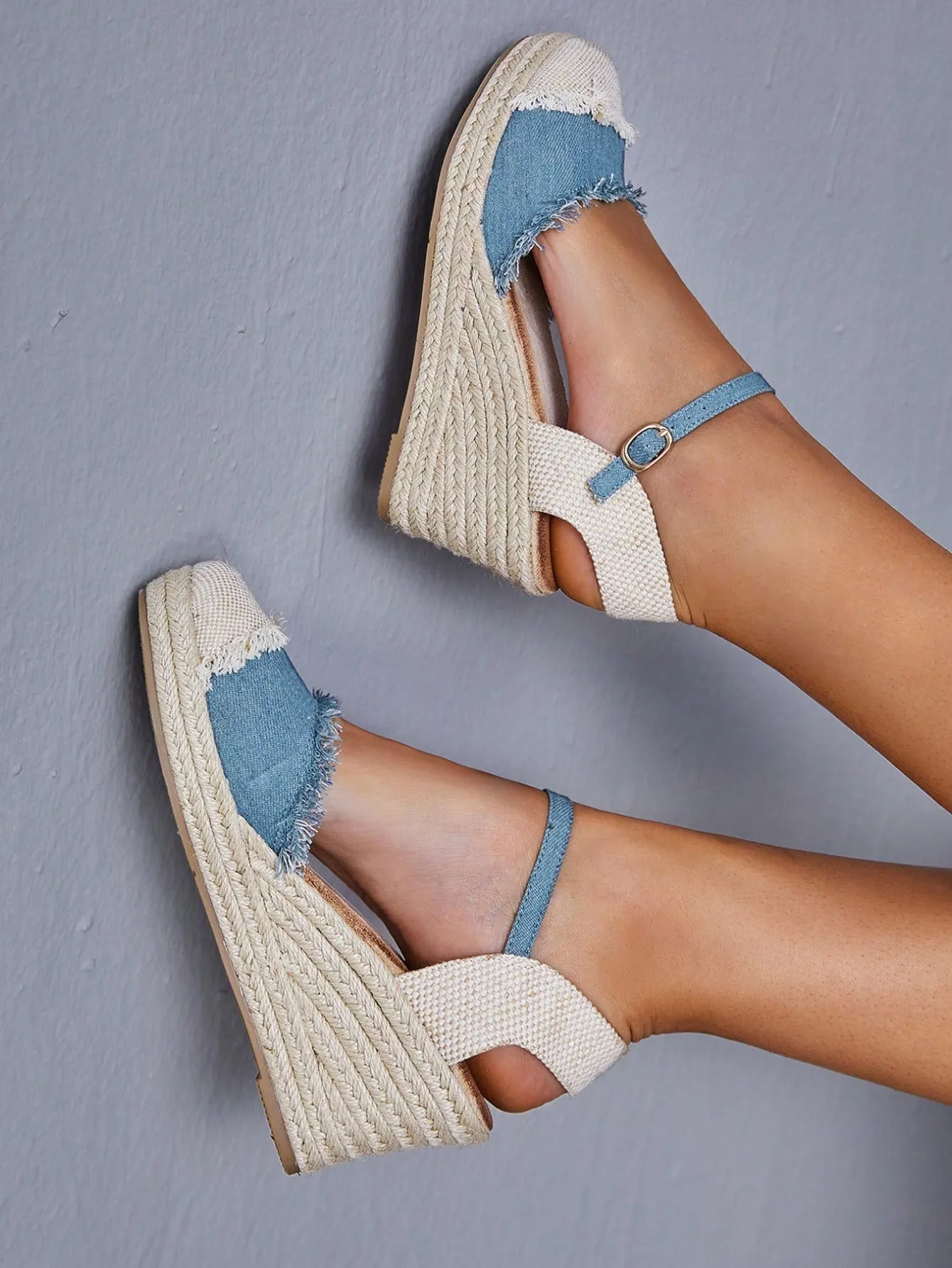 Women Raw Trim Ankle Strap Court Wedges, Vacation Canvas Shoes - Buy Online