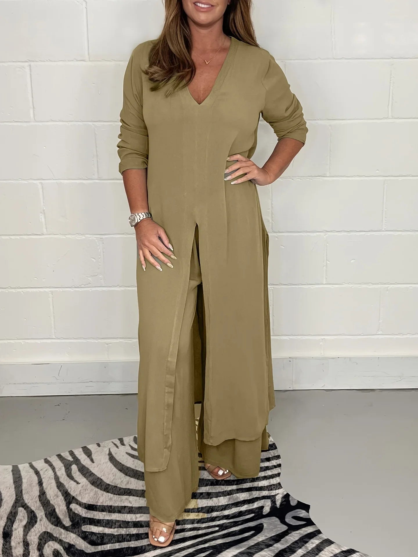 Women's Pre-Split Long Jacket and Trousers, Monochromatic Suit