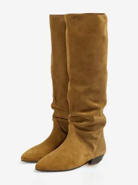 Women's Suede Slouch Boots Round Toe Flat Mid Claf Boots