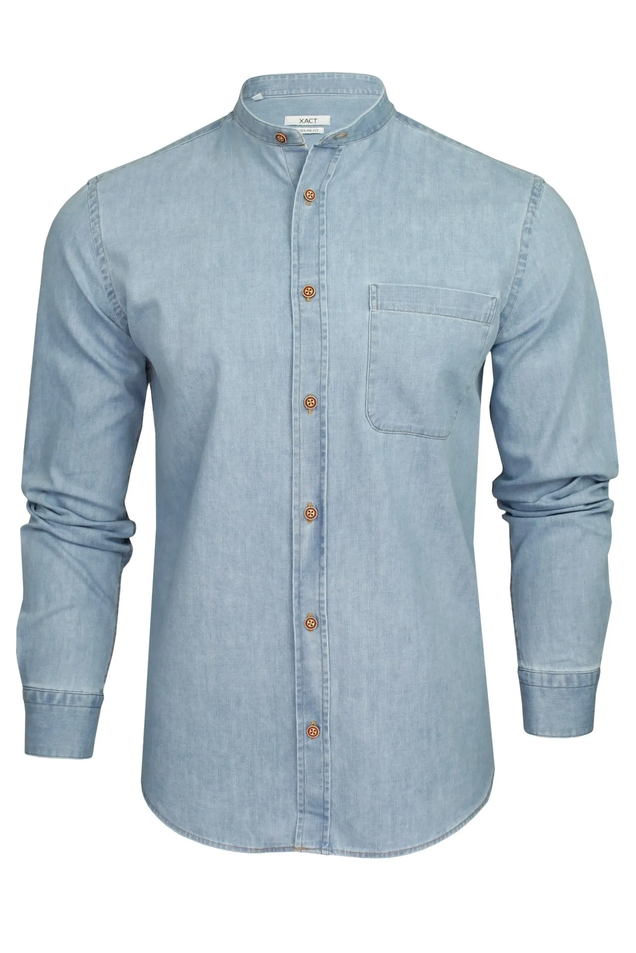 Xact Men's Long Sleeve Denim Band/Grandad Collar Shirt - 6.6 oz