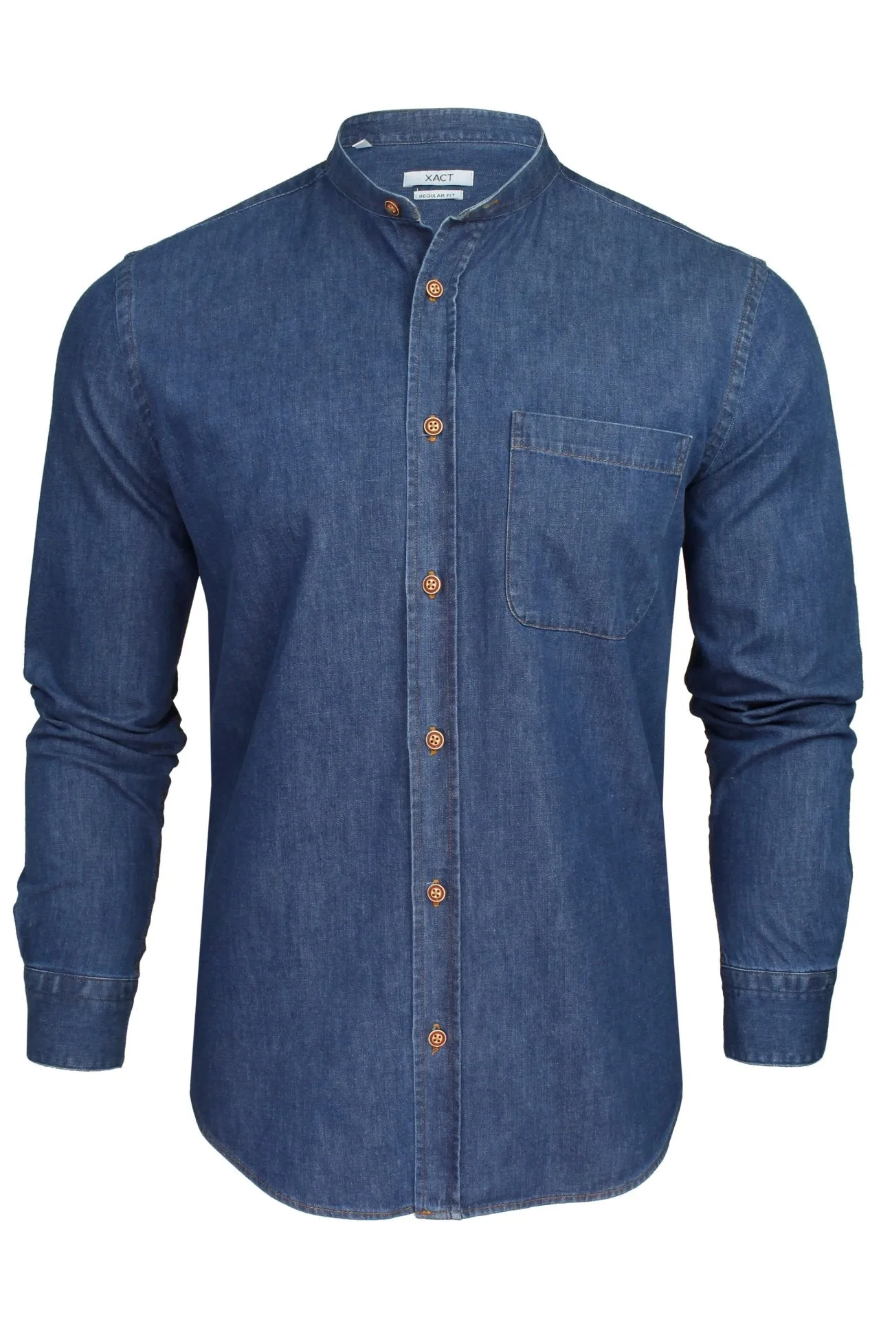 Xact Men's Long Sleeve Denim Band/Grandad Collar Shirt - 6.6 oz